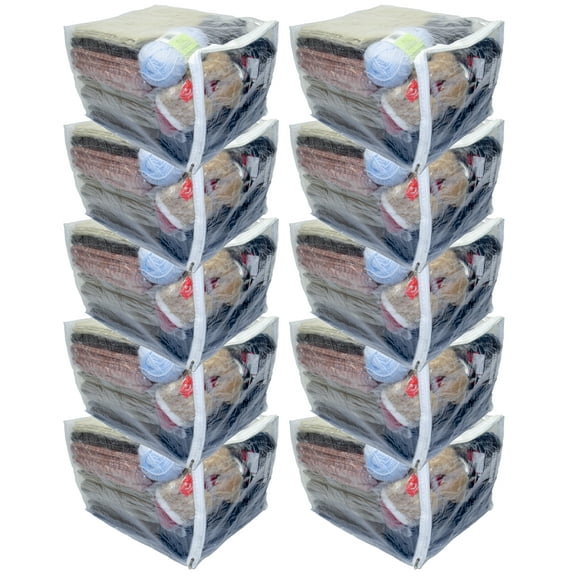 10-Pack X-Large 15" x 18" x 12" Heavy Duty Vinyl Zippered Storage Bags (Clear) for Sweaters, Blankets, Comforters, Bedding Sets, 14 Gallon