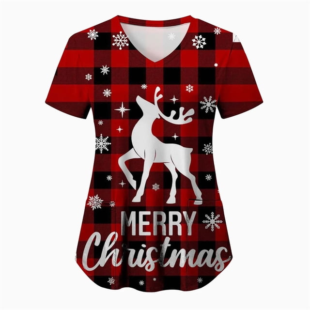 Tops de Enfermería de Navidad para mujer, uniforme de trabajo, Blusa de manga corta con cuello en V, ropa de enfermería, uniforme de túnica para enfermeras