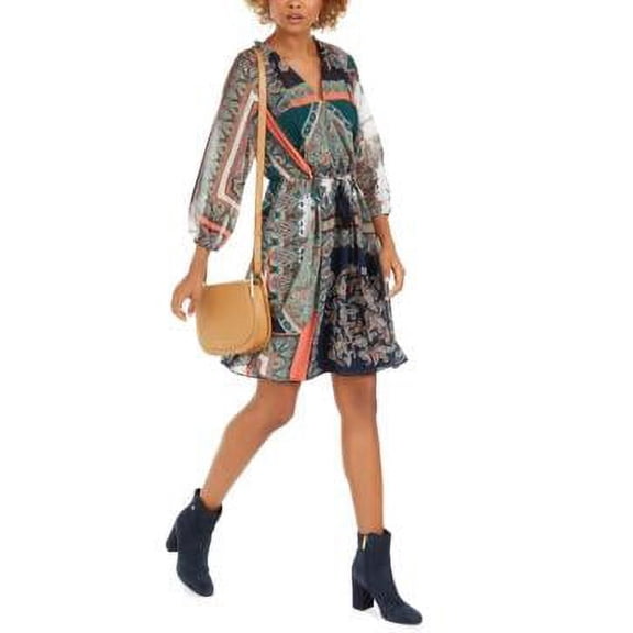 MSRP $130 Tommy Hilfiger Printed Tassel-Tie Blouson Dress Size XS