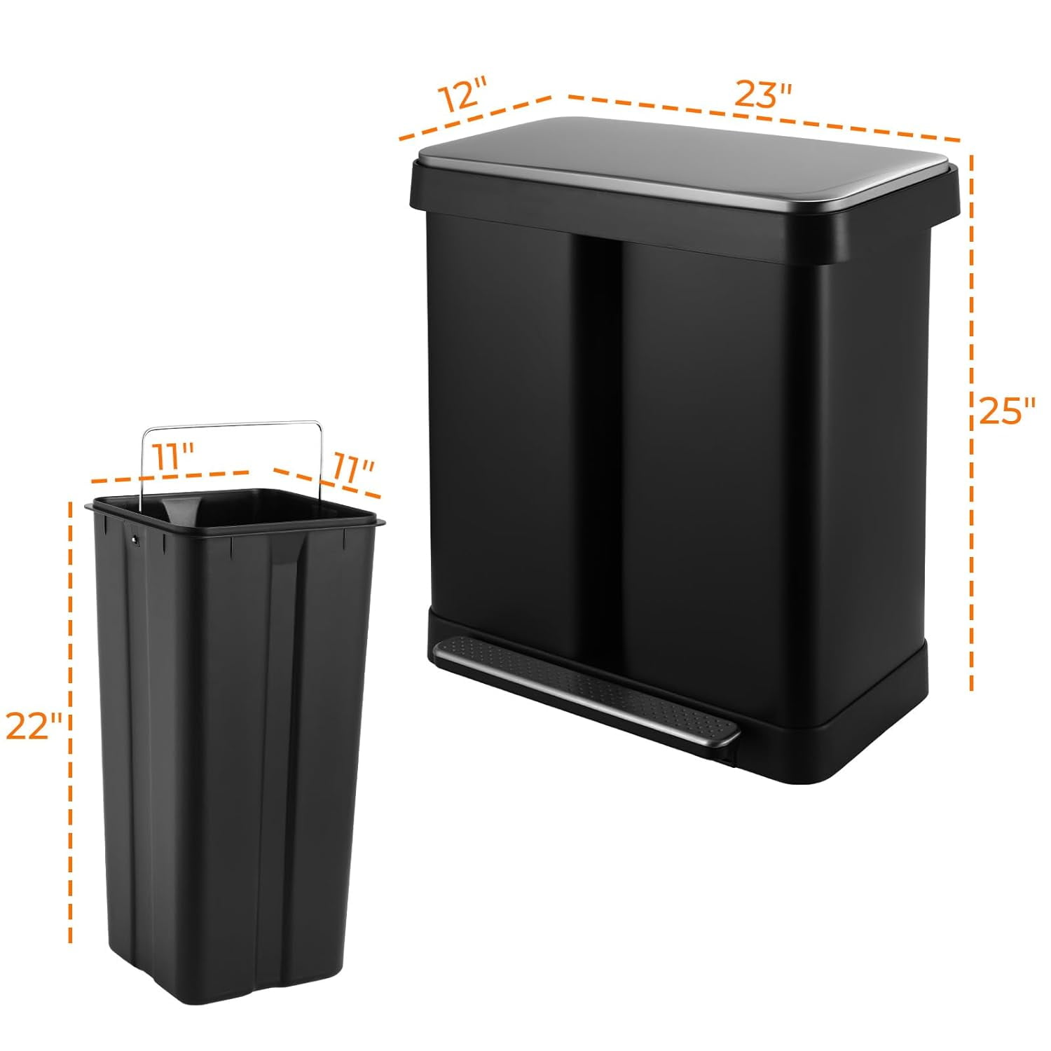 LAZY BUDDY 60 Liter / 16 Gallon Dual Trash Can, Stainless Steel Kitchen Garbage Can with Plastic Inner Buckets & Soft-Close Lids
