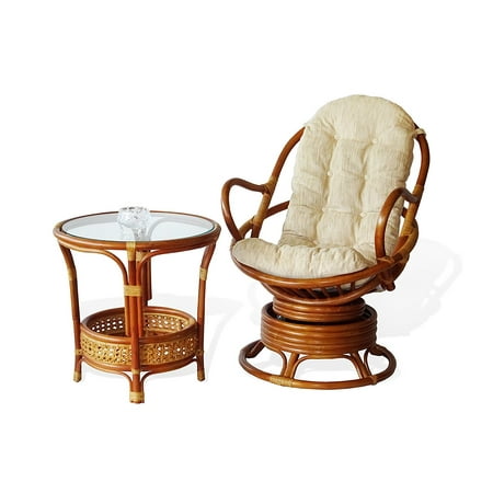 SK New Interiors Set of Swivel Rocking Lounge Java Chair Natural Rattan Wicker Handmade w/Cream Cushions and Round Coffee Table w/Glass, Colonial
