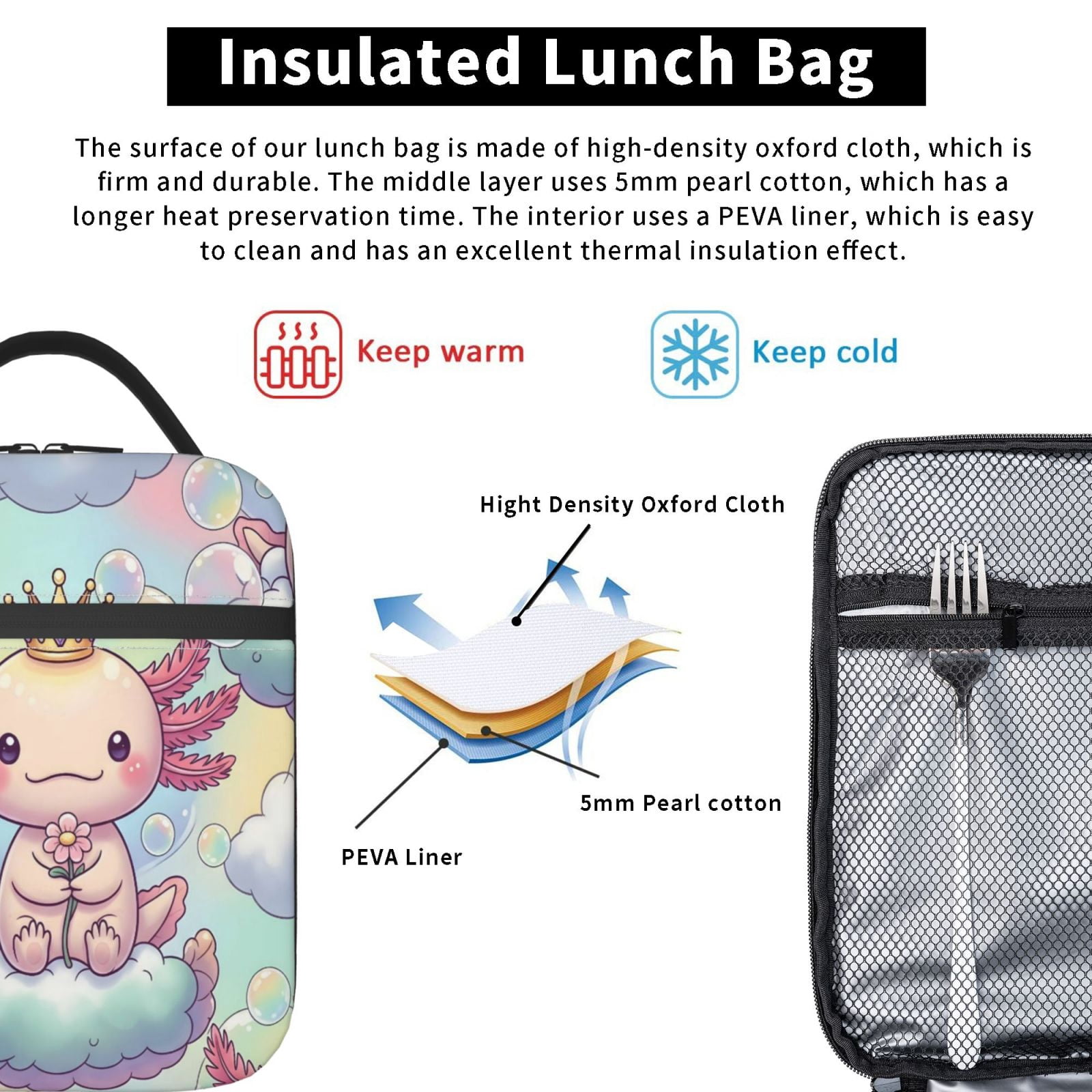 Lunch Bag For Women Men Insulated Portable Lunch Box Bento Box Office Picnic Travel Cooler Bag Cute Axolotl 2