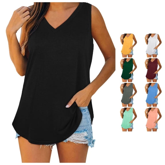 HCYSFG Womens Solid Color T Shirts V Neck Sleeveless Curved Hem Side Slits Casual Tees Tunic Fit Classic Everyday Summer Tops