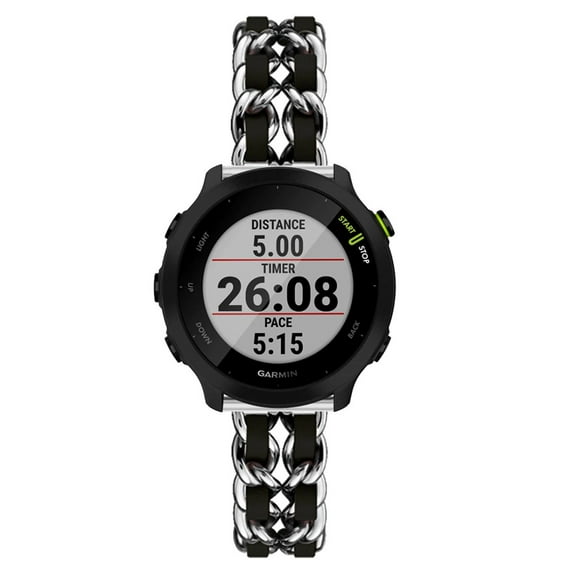 Leather Metal Band Compatible With Garmin Forerunner 245/55/645/245 Music Band, Stainless Steel Metal Cowboy Chain Style Replacement for Band Garmin Forerunner 245/55/645/245 Music