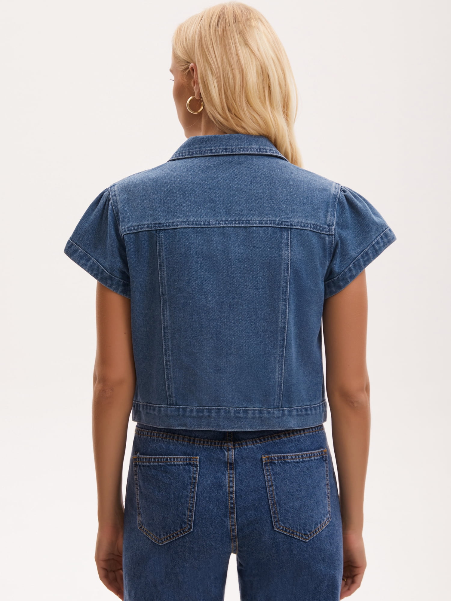 DARING DIVA Women's Cropped Cap Sleeve Button Down Collared Jean Jacket L Blue