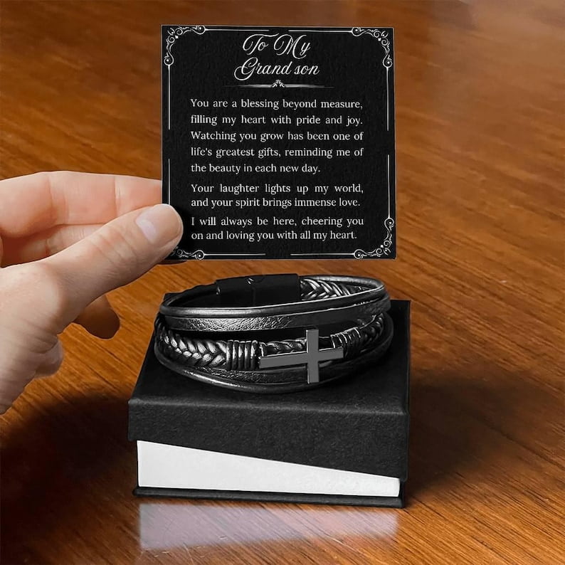 To My Grandson Bracelet from Grandmother/Grandfather, To My Grandson Gift, Bracelet for Grandson, Religious Gift, Grandparent to Son Gift, Cross Bracelet for Grandson with Message Card and Gift Box