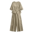 thumbnail image 4 of Women's Linen Cotton Two Piece Set, V Neck Half Sleeve Button Down Top & Drawstring Wide Leg Pants, Breathable Casual Outfit Set for Work Office and Daily Wear Green XXL, 4 of 4