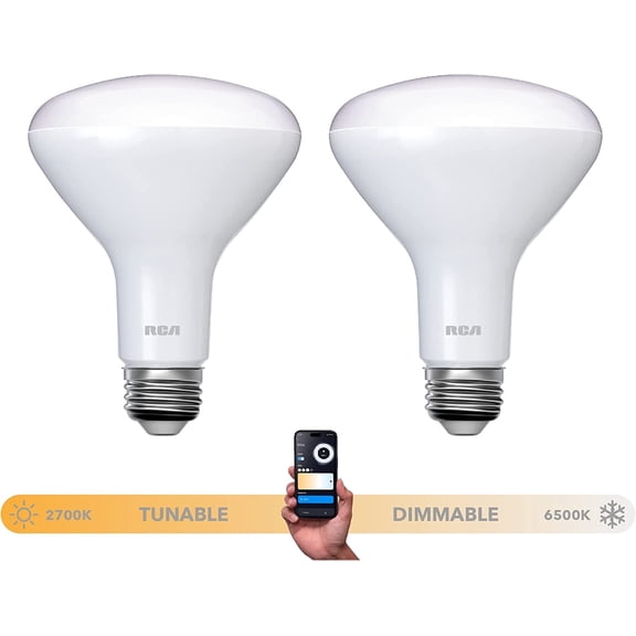 RCA Dimmable Smart Light Bulbs, 2-PK | BR30 WiFi LED Light Bulb | Indoor Flood LED Bulbs | 9W (60W Eq) | 2700K Soft White, 720 Lumens, E26 Base | Voice Activated Lights, Google & Alexa Light Bulb