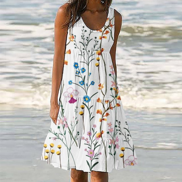 Fankiway Robe d'Été Sans Manches à Col Rond Imprimée pour Femmes, Grande Taille