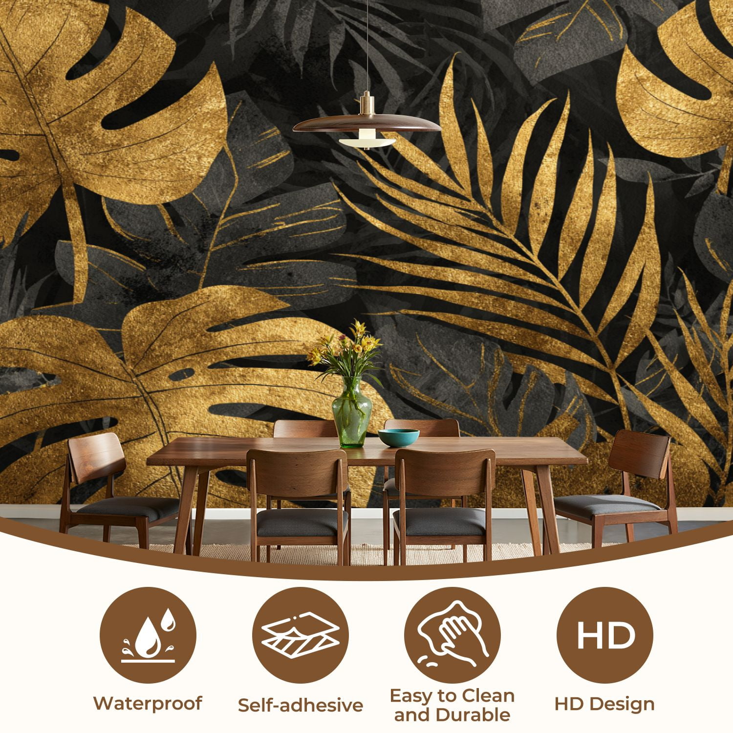 Wall Mural Peel and Stick seamless gold black tropical leaves dark Self-Adhesive Wallpaper Removable Wall Decal Wall Sticker Home Decor for Living Room Bedroom 69"x96"