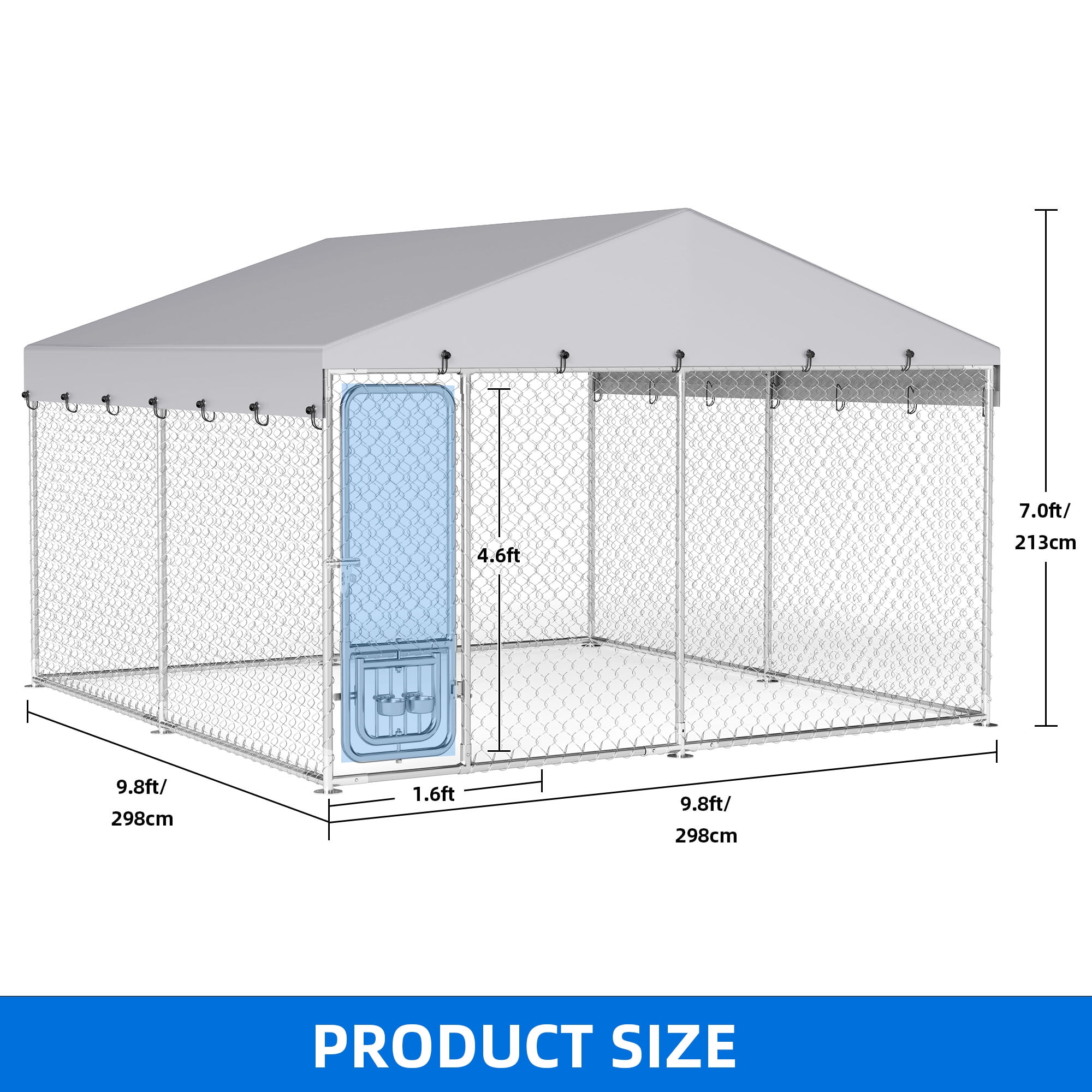 Dextrus 10'x10' Large Outdoor Dog Kennel, Outdoor Dog Enclosure with Rotating Feeder Bowls & Roof, Heavy Duty Dog Kennel for Backyard Farm