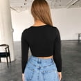 thumbnail image 3 of Tops recortados para mujer, camiseta de manga larga con cuello cuadrado, blusas sexis elegantes con escote pronunciado, blusa ajustada negra talla M, 3 of 5