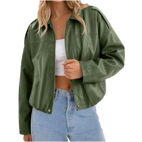 Mittory Women's Faux Leather Jacket Collared Zip Up Long Sleeve Casual Bomber Coat