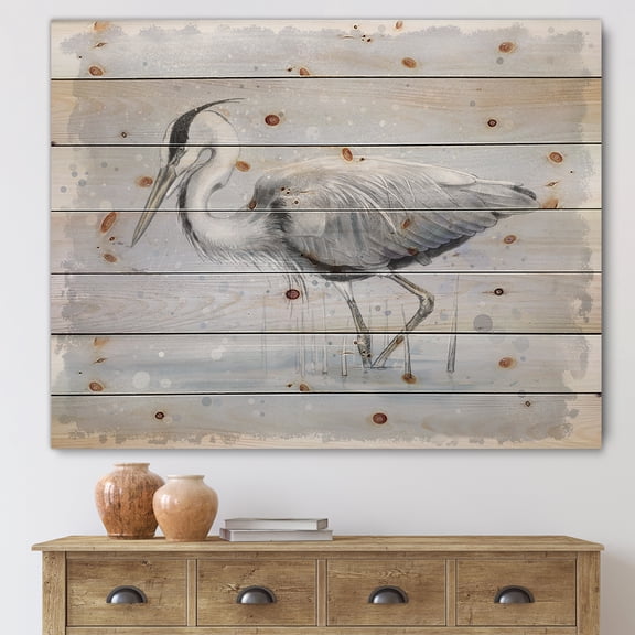 Designart 'Grey Heron Bird In Lake' Farmhouse Print on Natural Pine Wood