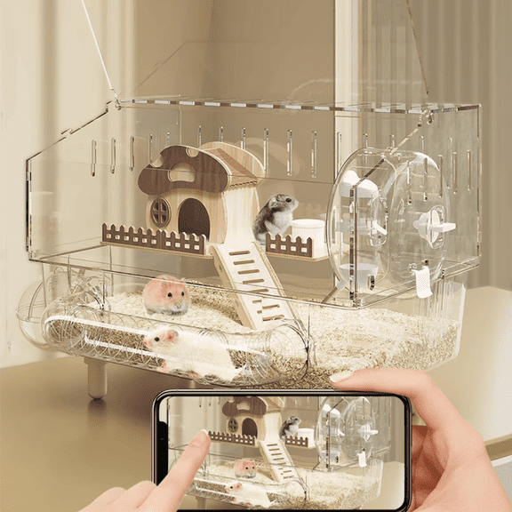 Hamster Cage 8 in 1 with All Accessories, Acrylic Hamster Cages with Full Transparent Viewing, Excellent Ventilation, Castle Habitat, Dwarf Hamster Cage Suitable for Gerbil, Mice, Other Small Animals