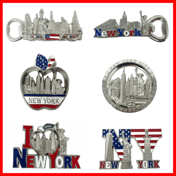 6 Pack Silver Magnet Bundle Fridge Magnets New York Souvenir Empire State Building, Skylines, Statue of Liberty, Brooklyn Bridge, The Big Apple, USA Flag, Bottle Opener