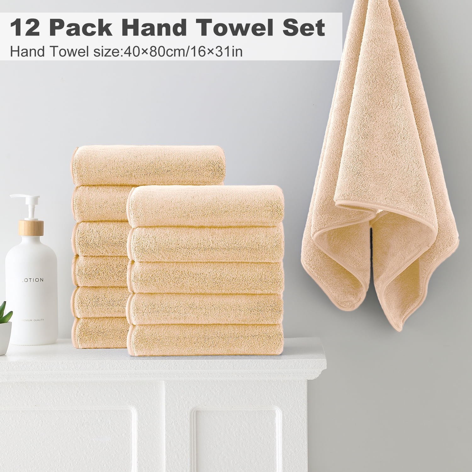 Jessy Home 12 Pack Apricot Yellow Hand Towel Set 16"x31" Soft Highly Absorbent Quick Dry Bathroom Bath Hand Towels Microfiber Plush Towels