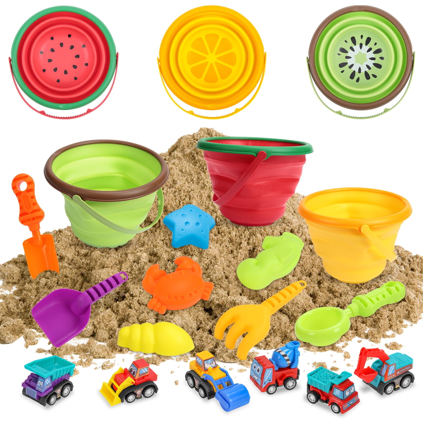 OUTOP Beach Toys Sand Toys Set for Kids, Collapsible Sand Bucket and