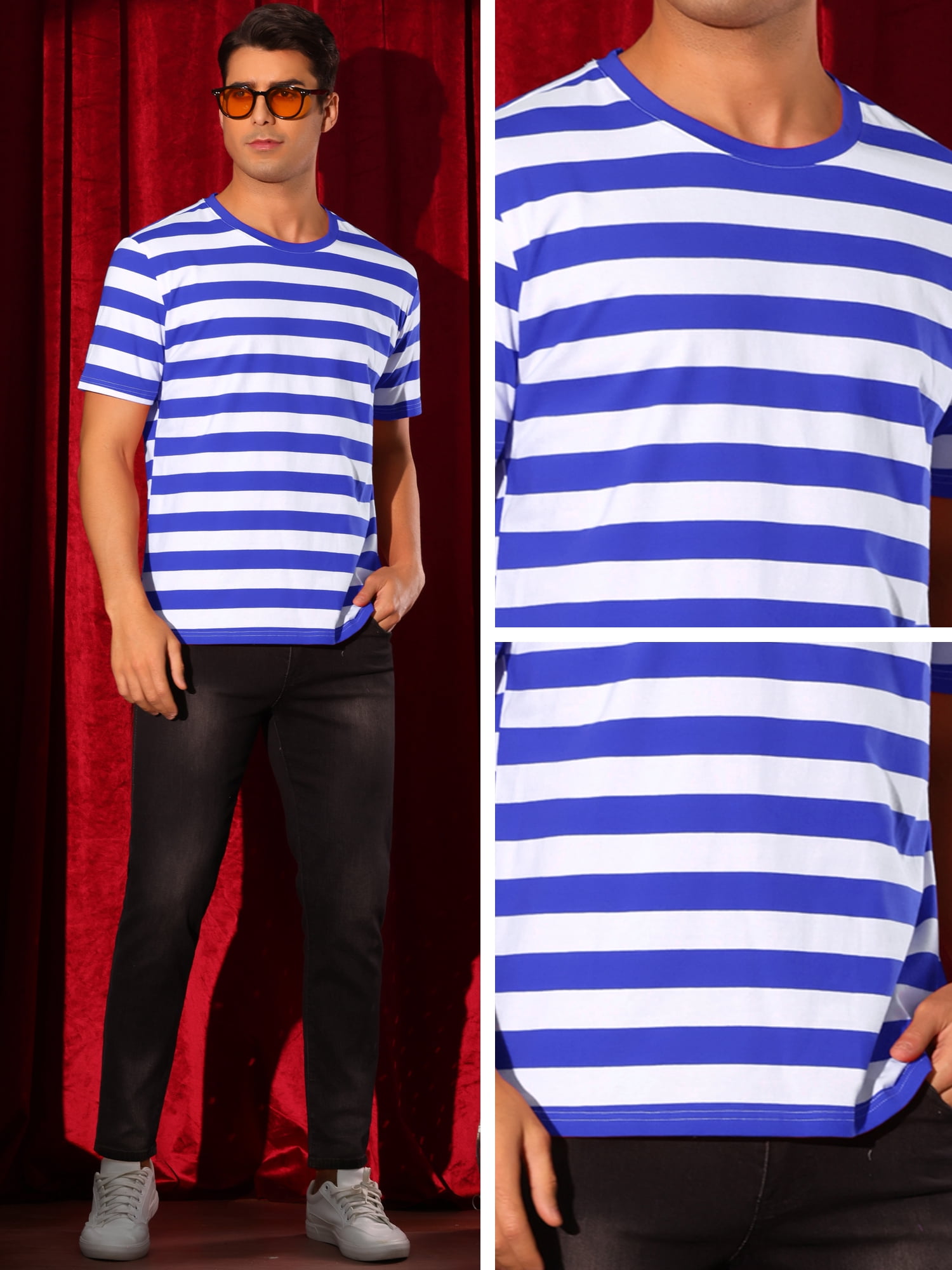 DARING DIVA Men's Striped Short Sleeve Crew Neck Casual Stripes T Shirt L Blue White