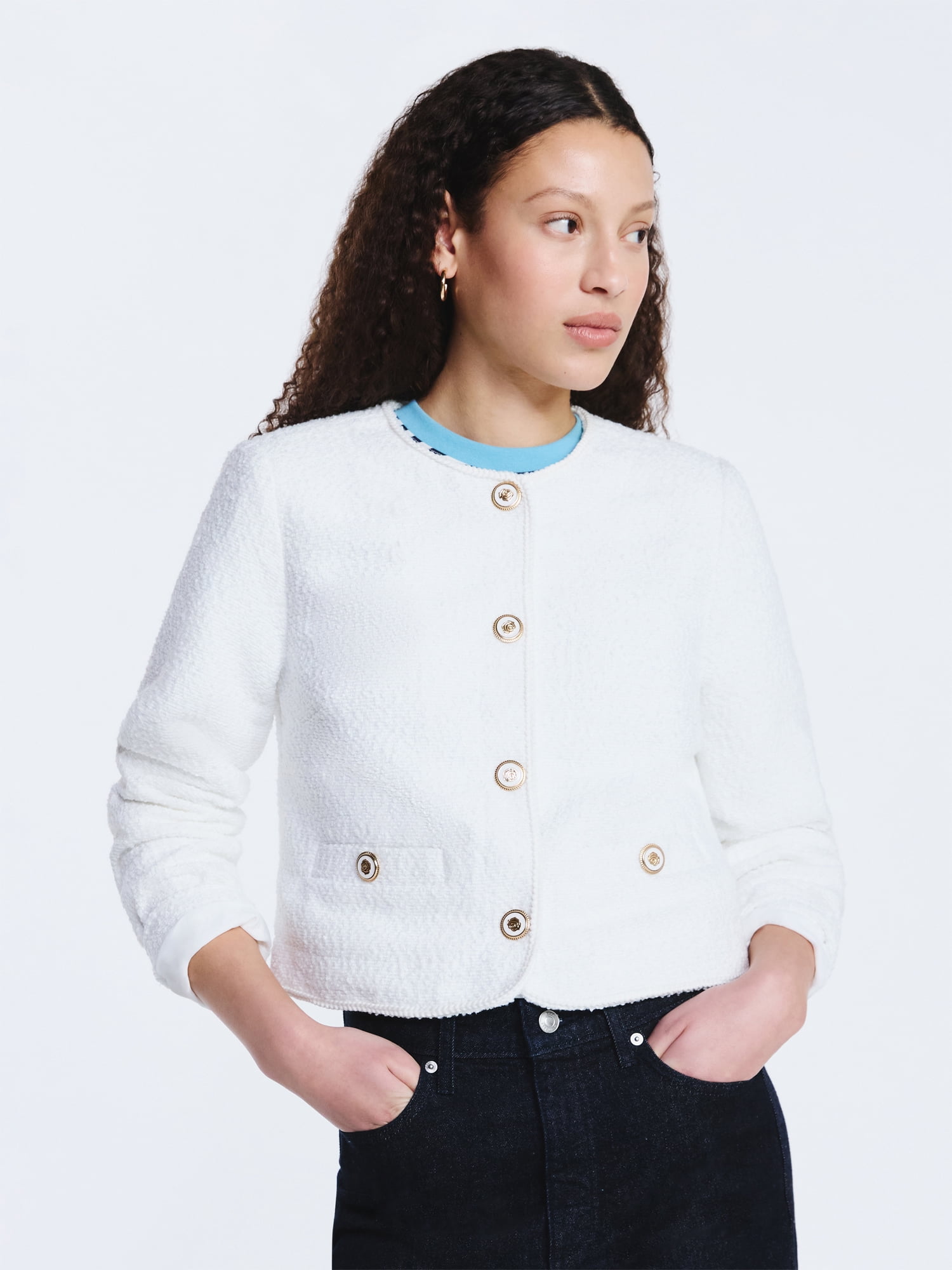 Free Assembly Women's Collarless Nubby Jacket with Long Sleeves, Sizes XS-XXL