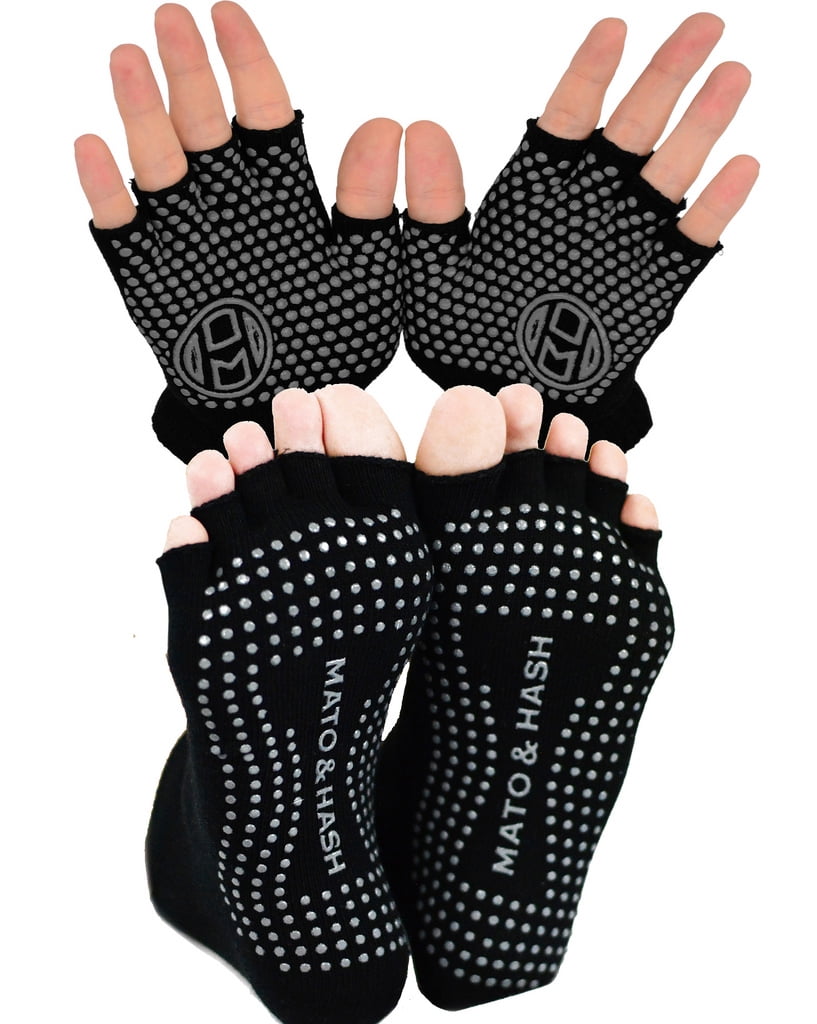 Yoga Gloves AND Socks COMBO PACK Yoga Gear for Women & Men by Mato & Hash Black CA7050