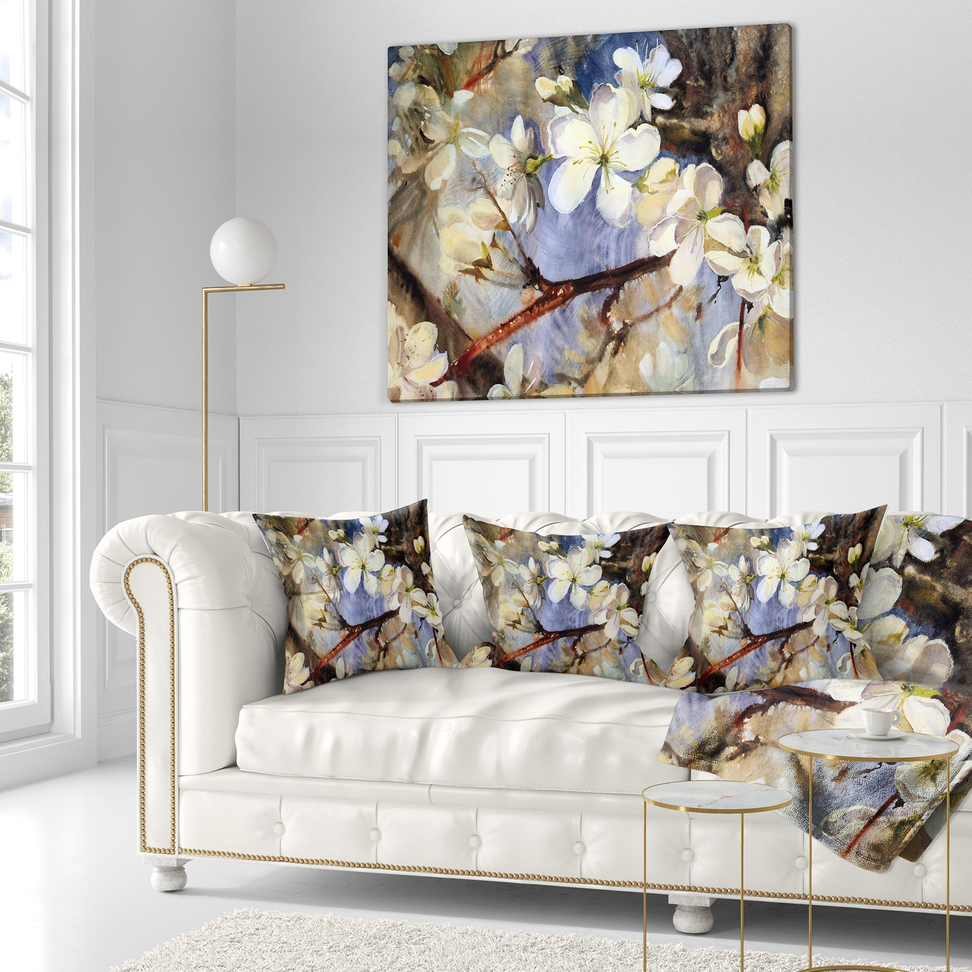 Designart White Spring Flowers - Floral Throw Pillow - 16x16