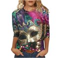 thumbnail image 4 of Cavosen Carnival Womens Tops Casual 3/4 Sleeve Mardi Gras Shiny Mask Graphic Print Shirts Crewneck Party Festival Tops Loose Stylish Holiday Blouse Dressy Party Funny T-Shirt 2XL, 4 of 5