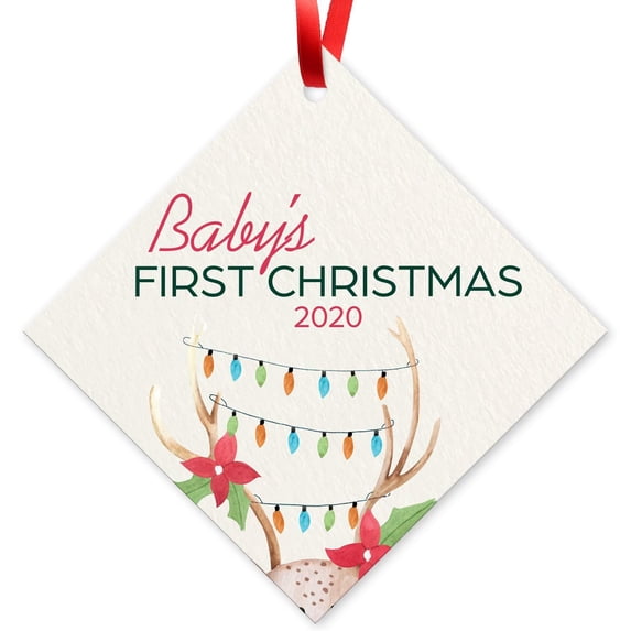 Soul Décor Christmas Ornament, Baby's First Christmas 2020 Ornament, Large 3.75" Diamond Metal Ornament, Velvet Pouch Included