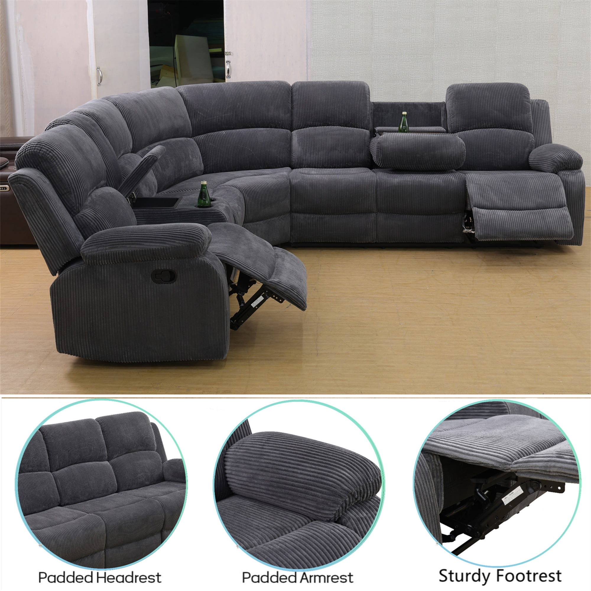Aukfa 3-Piece Recliner Sofa Set, 6 Seat Sectional Couch with Cup Holders&Storage Console, Gray