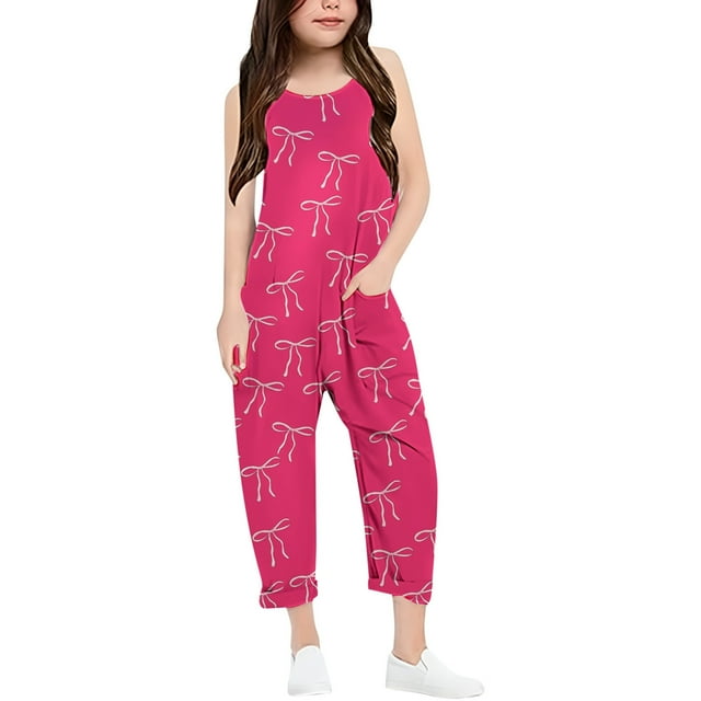Girls Romper Bow Print Summer Rompers for Girls Casual V Neck Suspender Rompers with Pockets Outfits for Girls 8-10 Y