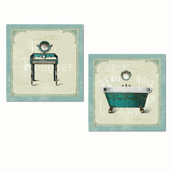 Lovely Teal French Parisian Bathtub and Vanity Set by Sue Schlabach; Bathroom Decor; Two 12x12in Unframed Paper Posters