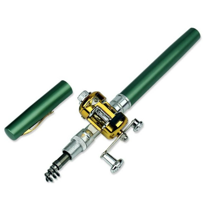 (Green) Portable Pocket Telescopic Mini Fishing Rod Pole, Pen Shape Folded River Lake with Reel Wheel