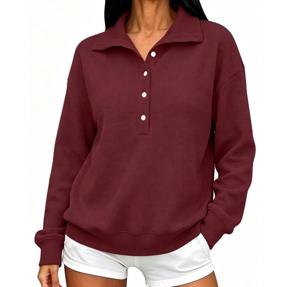 OunisaWomen's Henley Collar Sweatshirt, Long Sleeve Loose Casual Pullover