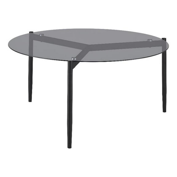 Pemberly Row Round Smoked Glass Top Coffee Table in Sandy Black and Gray