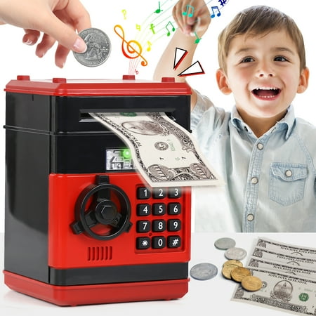 Piggy Banks for Kids, Money Bank, Piggy Bank for Boys Girls, Electronic Password Cash Coin Can ATM Bank with Auto Grab Bill Slot, Money Coin Saving Box for Kids, Perfect Gifts for Boys Girls, Red