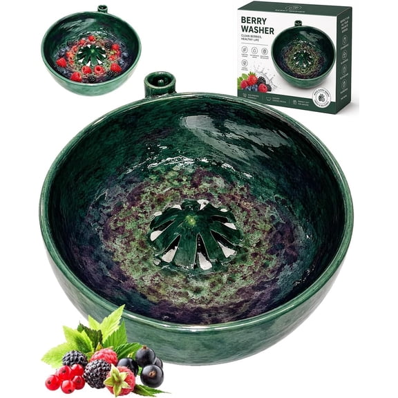 Self Spinning Berry Washing Bowl, Ceramic Berry Bowl with Drain Holes, Fruit Washer Spinner with Strainer and Colander, Handmade Multipurpose Bowl for Washing Berries, Fruits and Vegetables