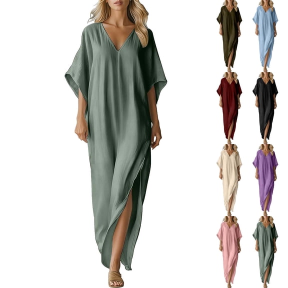 Yutgune Cotton Linen Dresses for Women V Neck Short Sleeve Kaftan Maxi Beach Cover Up Vacation