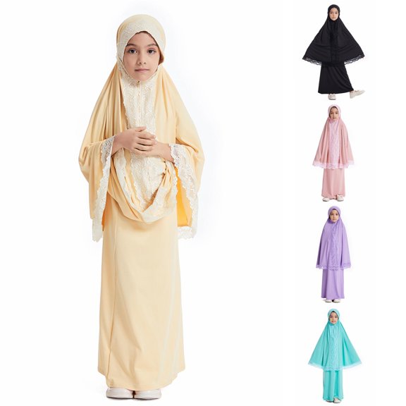 AWZXDE Girls Prayer Outfit Set Skirt Scarf Kids Clothing Two Piece Yellow,8-9 Years