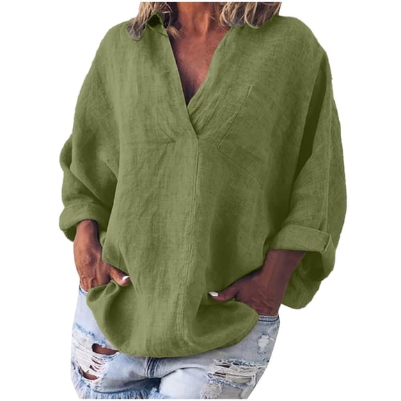 JINMGG Clearance Womens Tops,Women's Fashion Solid Color Tops Long Sleeved Loose Cotton and Linen Loose Shirt Blouse V-Neck Casual Tops,Army Green XL