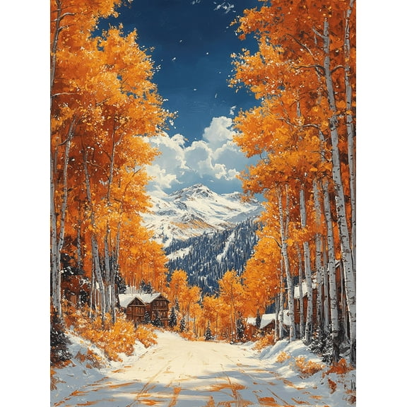 Autumn Aspen Trees Mountain Cabin Canvas Wall Art,Suitable for Living Room,Office,Hotel,Restaurant Decoration.