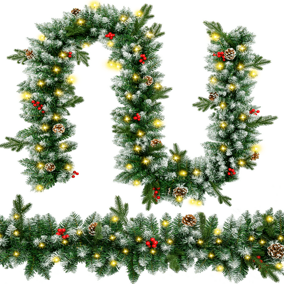 Bootesun 2 Pack 9FT Christmas Garland with Warm White LED Lights, Red Berries and Frosted Pinecones, Christmas Decorations, Green