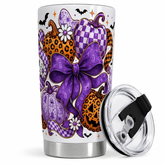 Purple Bow Pumpkin Tumbler, 20oz Insulated Drinkware for Halloween Fans Stainless steel insulated tumbler with lid, purple bow pumpkin art for water, iced coffee, tea, or commute