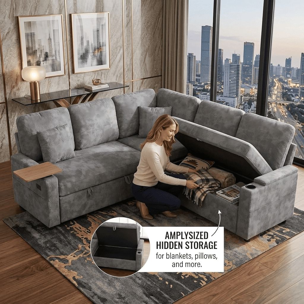 EPOWP 81" Modular Sectional Sleeper Sofa, L Shaped 5-Seater Couch with Pull Out Bed, Large Storage Chaise, USB Charging Ports & Cup Holders, Chenille Sofa Bed for Living Room, Grey