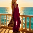 thumbnail image 4 of Womens Cotton Linen 2 Piece Outfits Summer Casual V Neck Sleeveless Tops Wide Leg Long Pants Casual Set with Pockets, 4 of 7