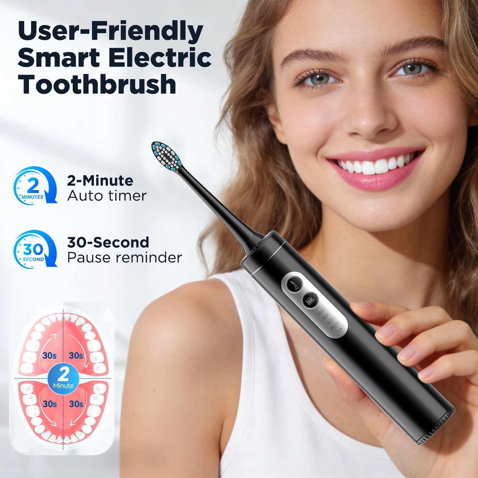 Electric Toothbrush with Water Flosser, 3-in-1 Sonic Flossing Toothbrush with 6 Modes, Teeth Cleaning Kit for Adults Teeth Cleaning and Plaque Removal (Black)