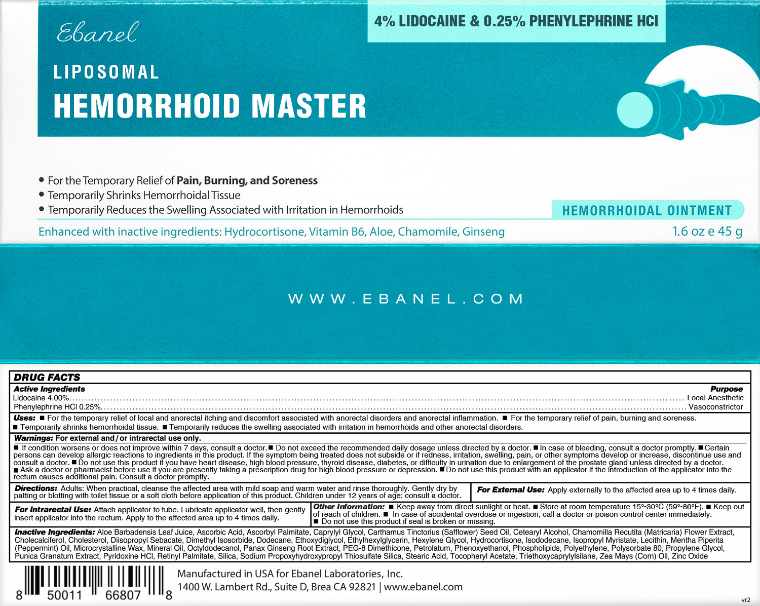 Ebanel Lidocaine Hemorrhoid Treatment Ointment 16oz Anal Fissure Anesthetic Cream 9794