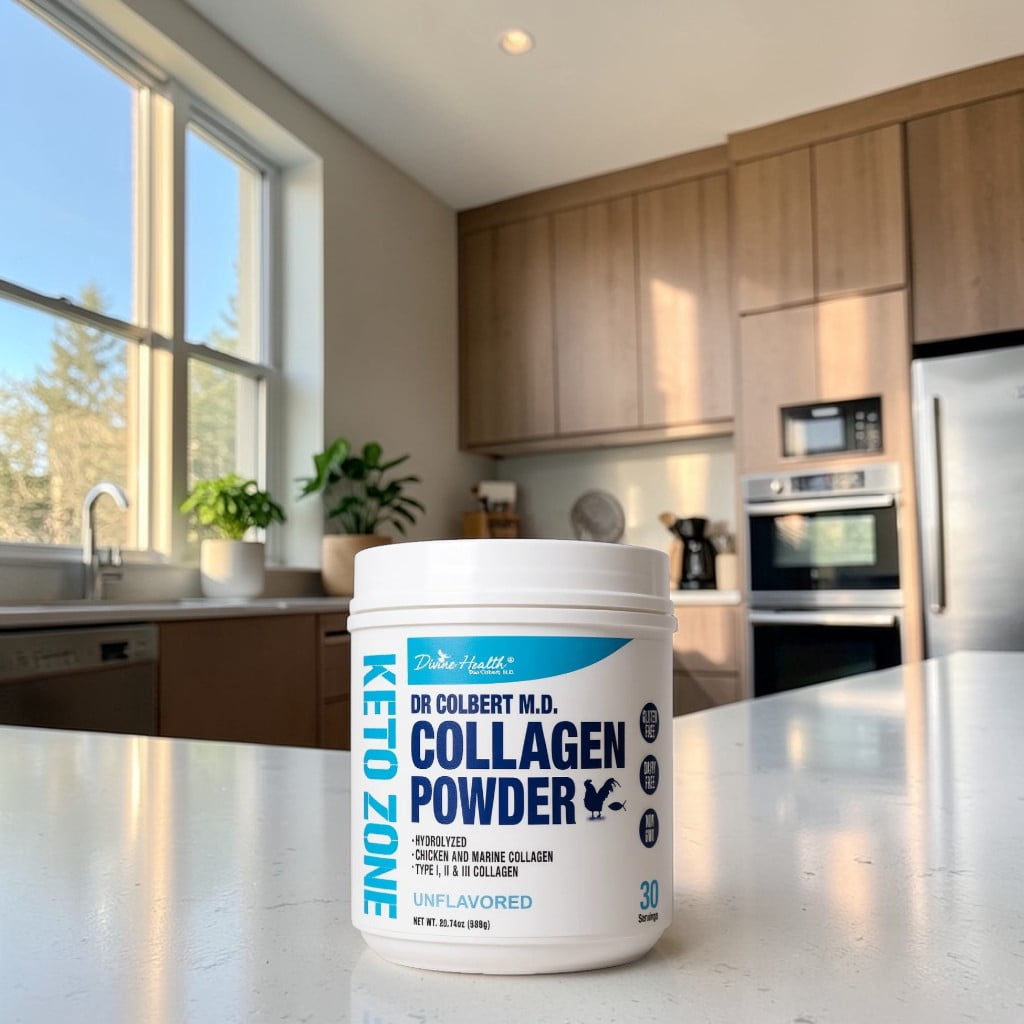 Dr. Colbert, MD Hydrolyzed Collagen Powder | Unflavored | by Divine Health | Type I, II, III Collagen | Support Healthy Hair, Skin, Nails and Joints | Keto Zone | 588g | 30 Servings