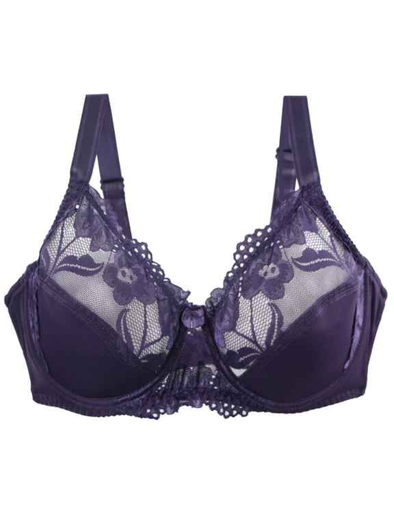 Plus Size Bras for Women, Full Coverage Underwire Bras Plus Size Lifting Lace Bra for Heavy Breast Purple 85