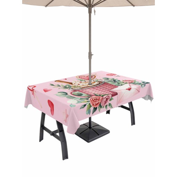 Outdoor Tablecloth with Umbrella Hole and Zipper, Valentine's Day Rectangle Table Cloth 60x84 Inch Waterproof Tablecloth, Cartoon Love Rose Floral Pink Romantic Picnic Table Cover for Patio Camping