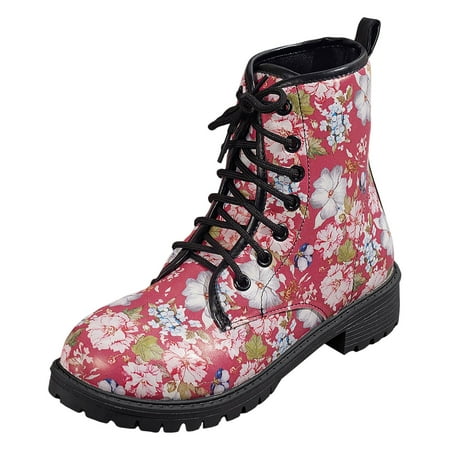 OJSFQUFP Ankle Boots for Women Fashion Women Square Heels Lace Up Short Booties Cartoon Prints Round Toe Shoes Comfortable Fall Shoes Gothic Boots for Women Pink 40